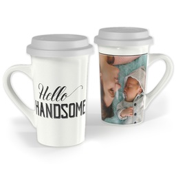 Premium Grande Photo Mug with Lid, 16oz with Hello Handsome design