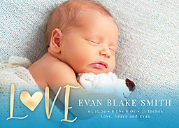 5x7 Greeting Card, Glossy, Blank Envelope with Golden Love Baby Announcement Blue design