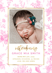 5x7 Greeting Card, Glossy, Blank Envelope with Modern Toile Baby Announcement Pink design