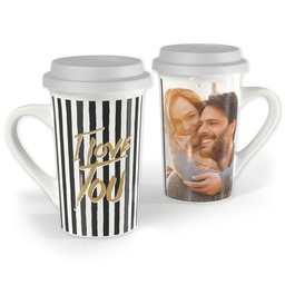 Premium Grande Photo Mug with Lid, 16oz with Love Stripes design