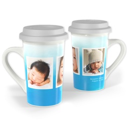Premium Grande Photo Mug with Lid, 16oz with Watercolor Blue Snaps design