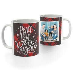 White Photo Mug, 11oz with Peace, Love, Joy, Laughter design