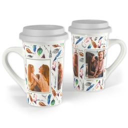 Premium Grande Photo Mug with Lid, 16oz with Watercolor Feathers design